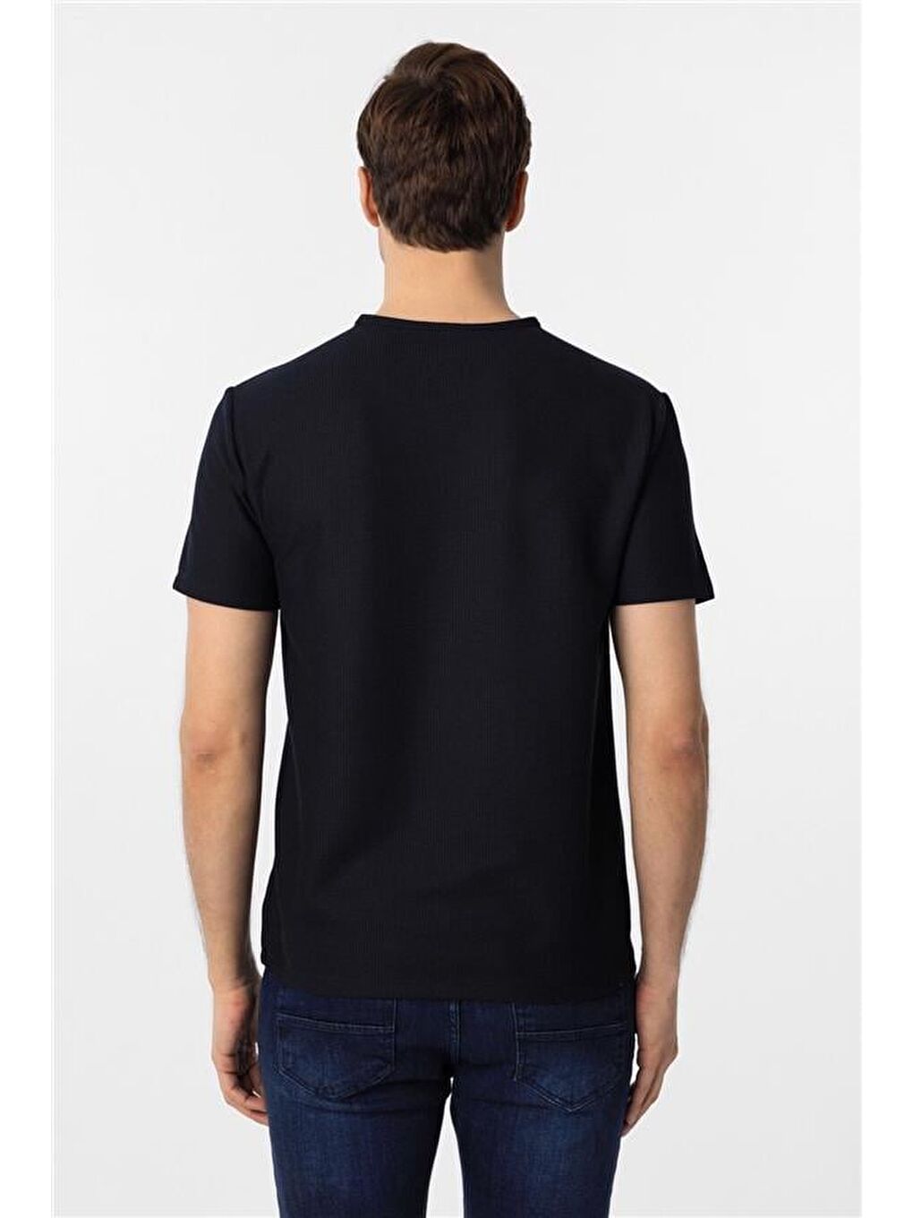 Lacivert Slim Armürlü Bisiklet Yaka Tişört-5