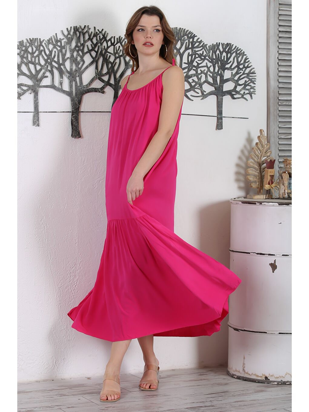 İtalyan Pembe Askılı Etek Ucu Fırfırlı Casual Dokuma Elbise 130 62-1