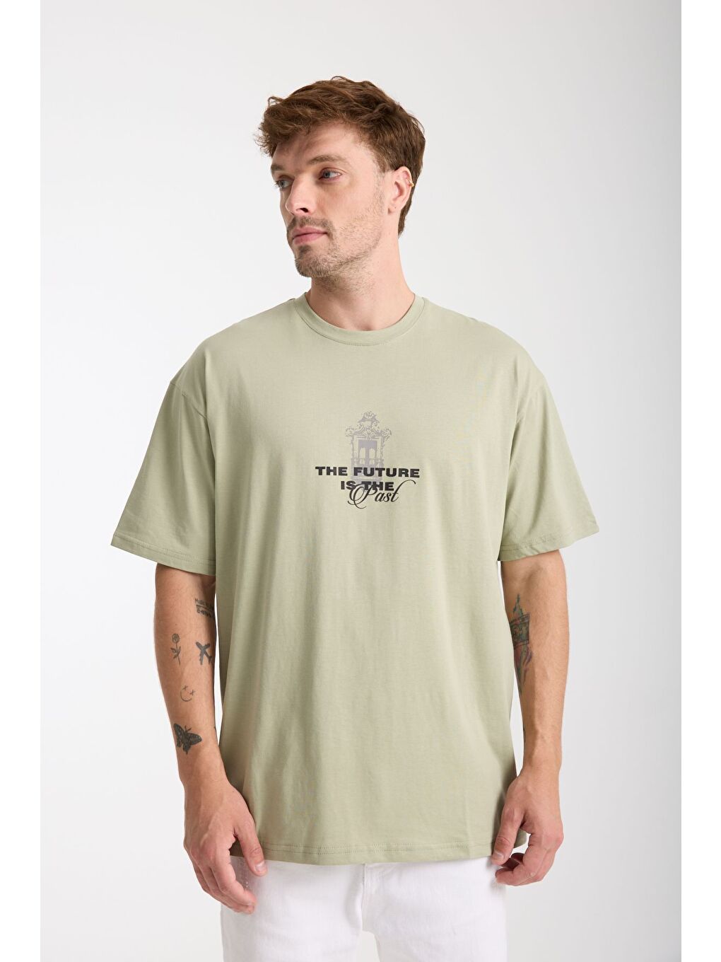 Turkuaz Erkek Su Yeşili Future Ön Ve Arka Baskılı Oversize Bisiklet Yaka Tişört-1