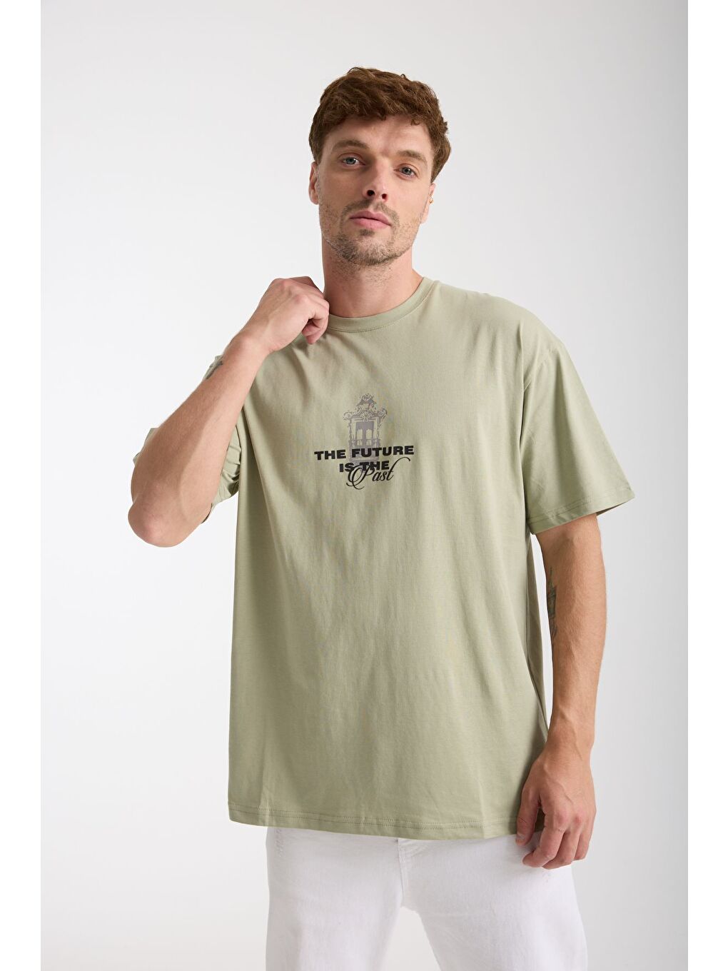 Turkuaz Erkek Su Yeşili Future Ön Ve Arka Baskılı Oversize Bisiklet Yaka Tişört-2