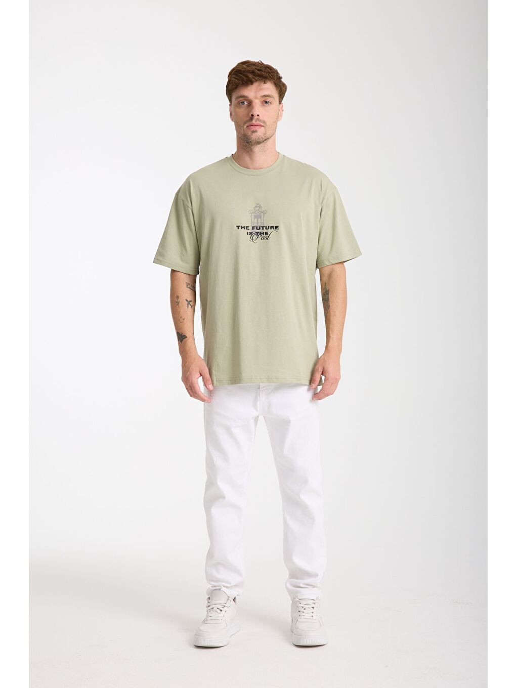 Turkuaz Erkek Su Yeşili Future Ön Ve Arka Baskılı Oversize Bisiklet Yaka Tişört-3