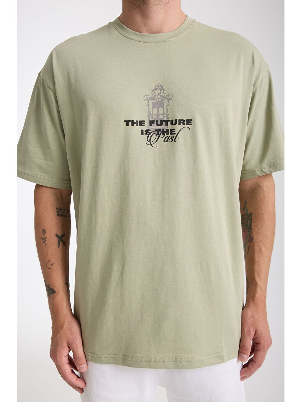 Turkuaz Erkek Su Yeşili Future Ön Ve Arka Baskılı Oversize Bisiklet Yaka Tişört-4