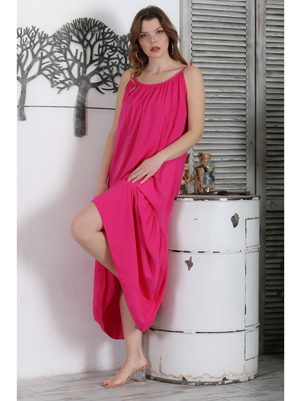 İtalyan Pembe Askılı Etek Ucu Fırfırlı Casual Dokuma Elbise 130 62-3