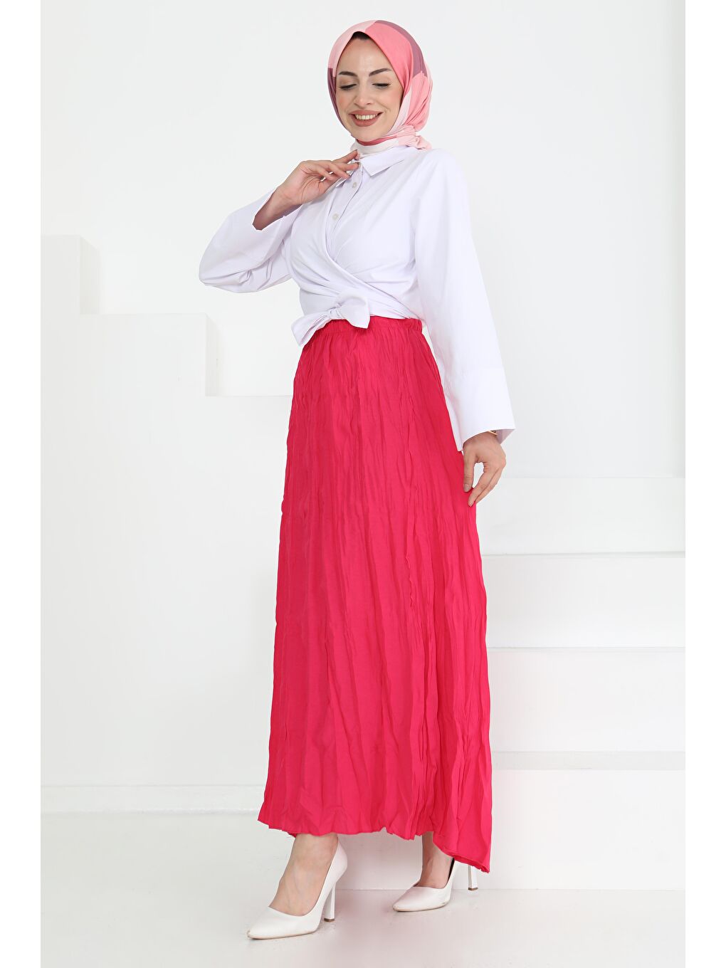 Beli Lastikli Kırışık Etek Fuşya - 27013-2