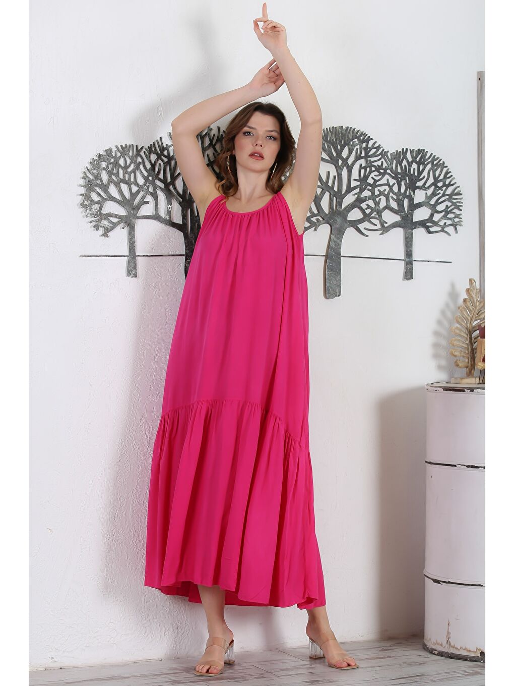 İtalyan Pembe Askılı Etek Ucu Fırfırlı Casual Dokuma Elbise 130 62-4