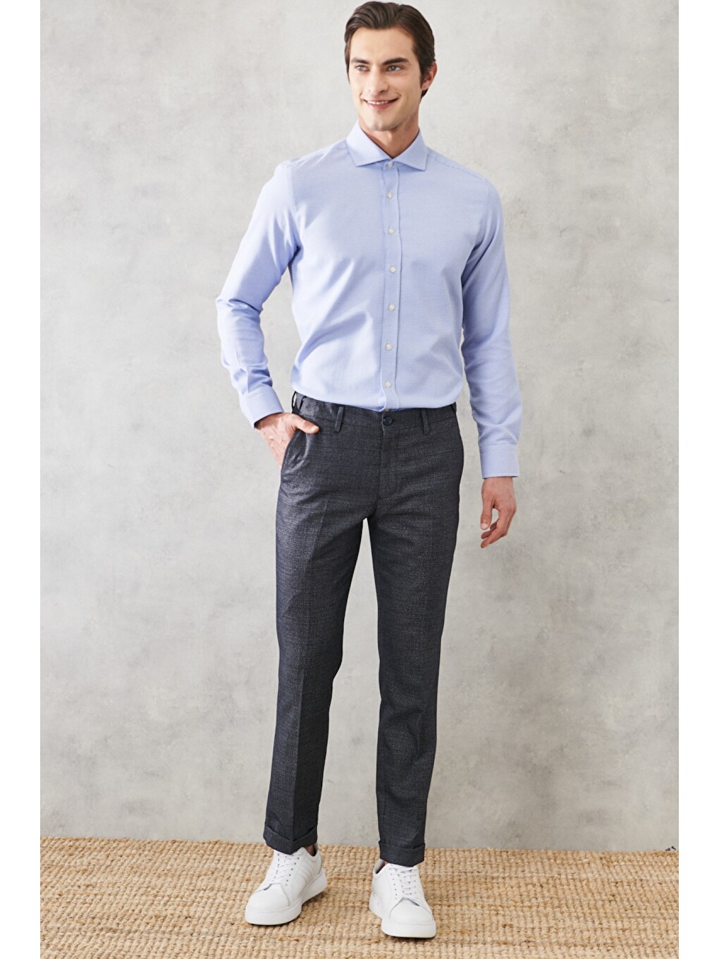 Erkek Lacivert Comfort Fit Yan Cep Beli Lastikli Desenli Klasik Pantolon-1