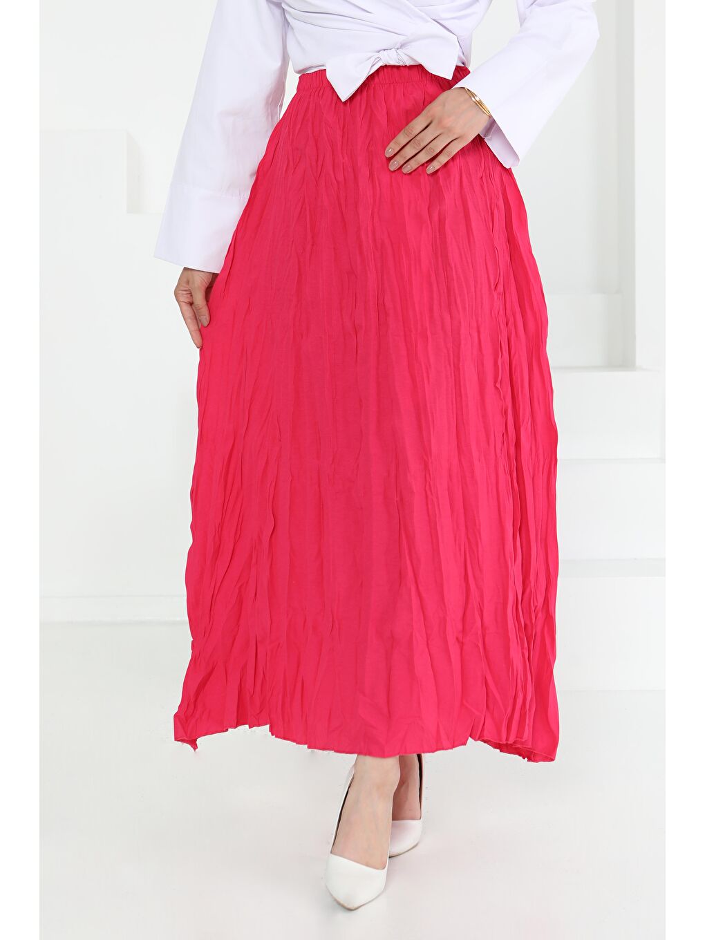 Beli Lastikli Kırışık Etek Fuşya - 27013-3