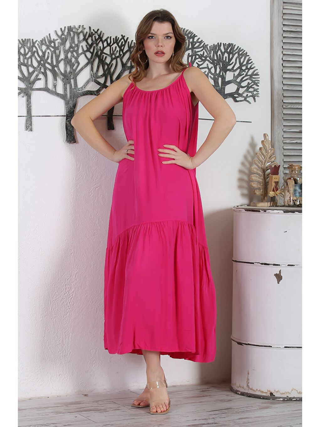 İtalyan Pembe Askılı Etek Ucu Fırfırlı Casual Dokuma Elbise 130 62-5