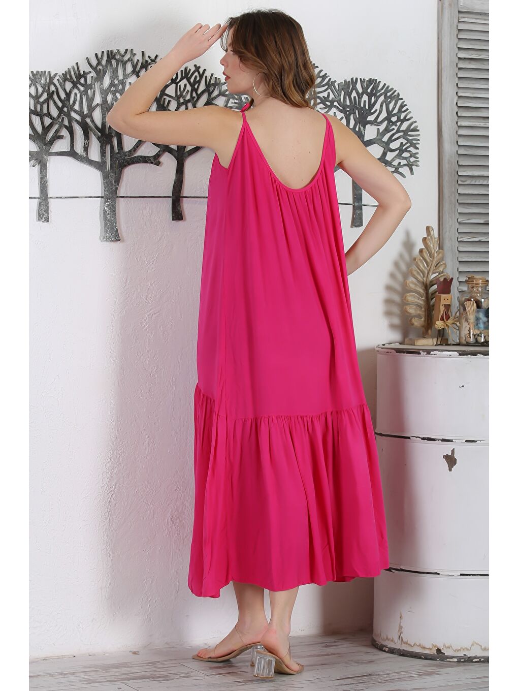 İtalyan Pembe Askılı Etek Ucu Fırfırlı Casual Dokuma Elbise 130 62-7