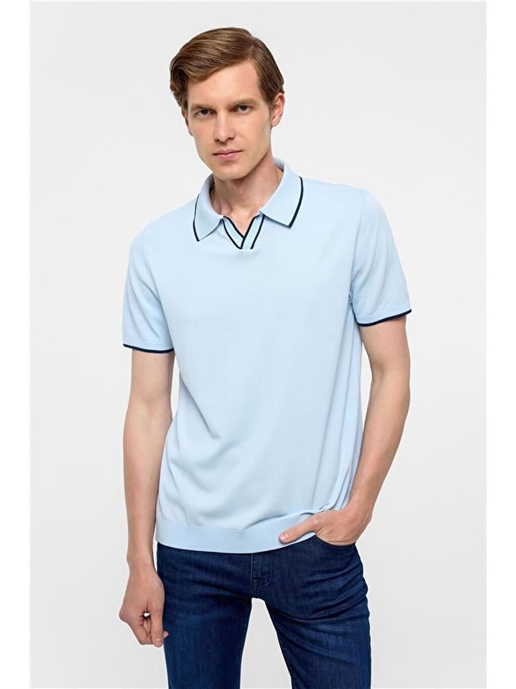 Buz Mavi Regular Düz Polo Yaka Triko