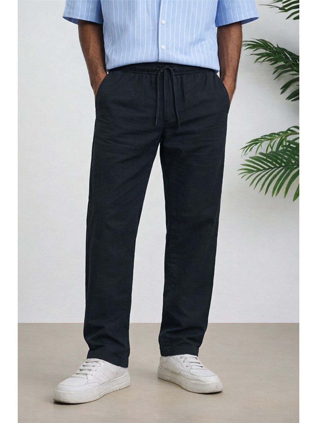 Siyah Lacivert Renk Erkek Yazlık Keten Karışımı Relaxed Pantolon