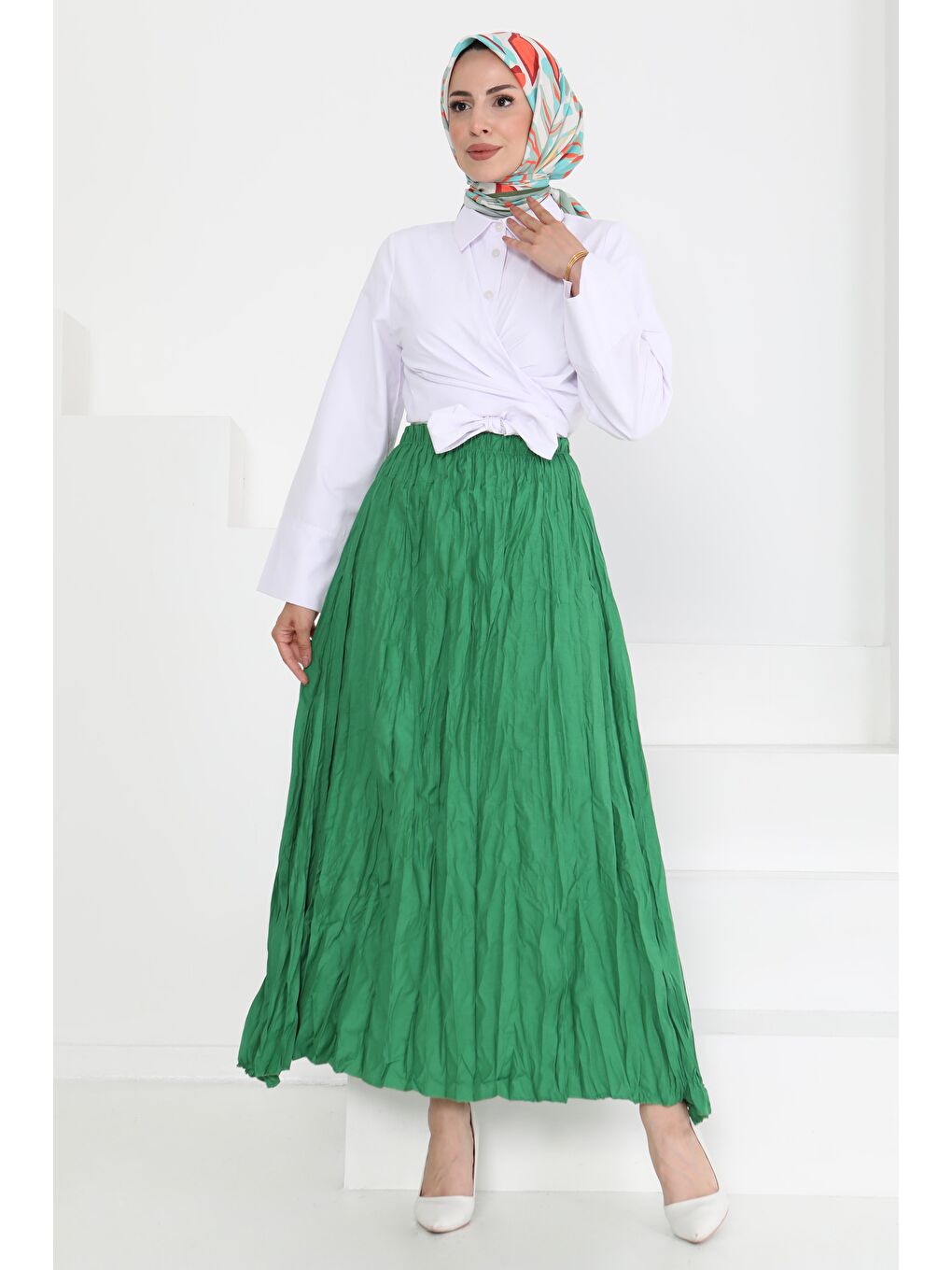 Yeşil Beli Lastikli Kırışık Etek Yesil - 27013