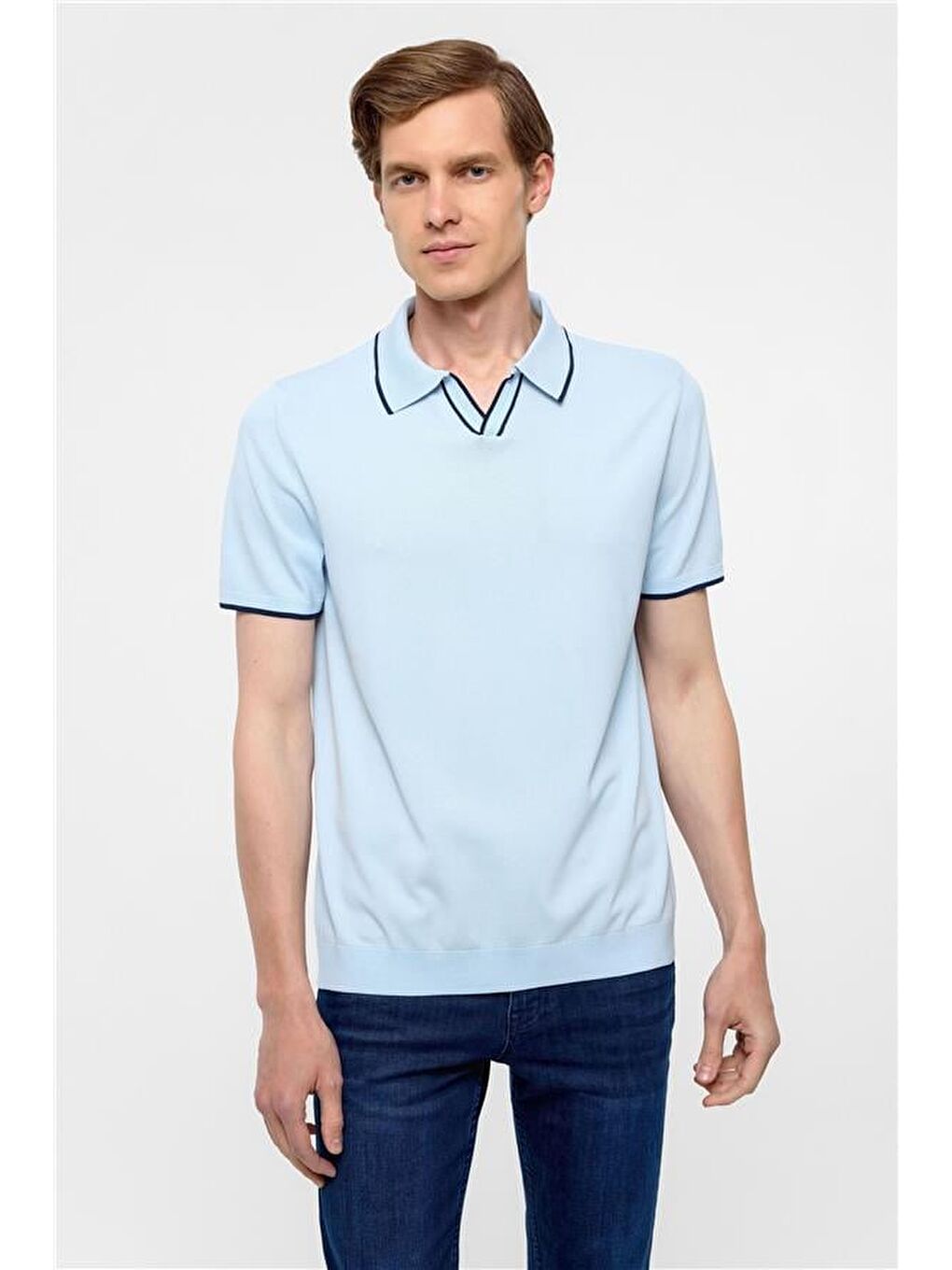 Buz Mavi Regular Düz Polo Yaka Triko-1