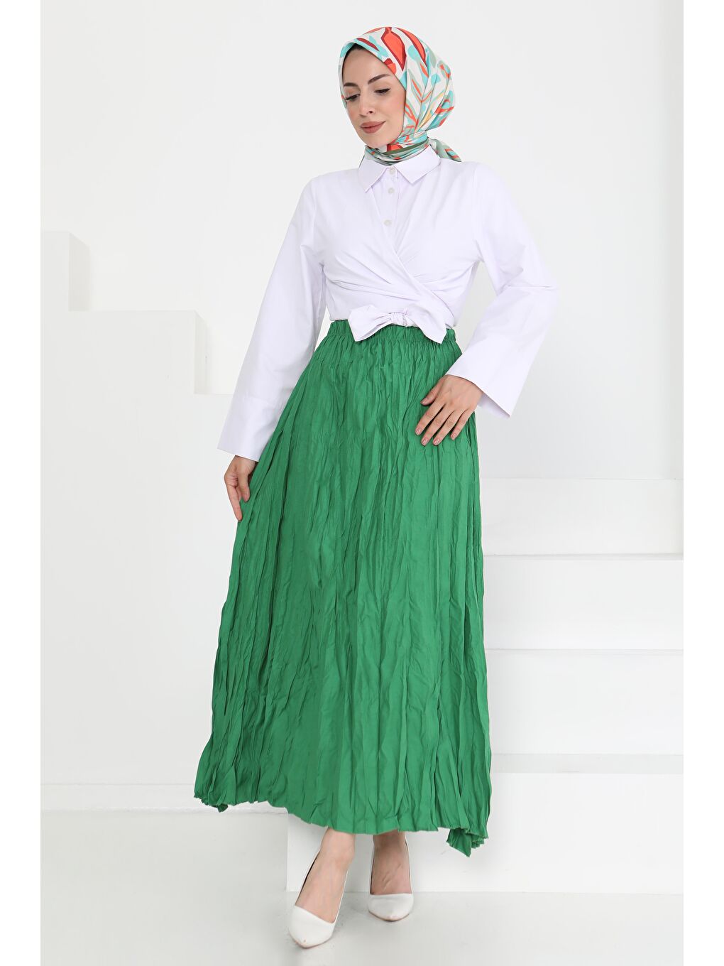 Yeşil Beli Lastikli Kırışık Etek Yesil - 27013-1