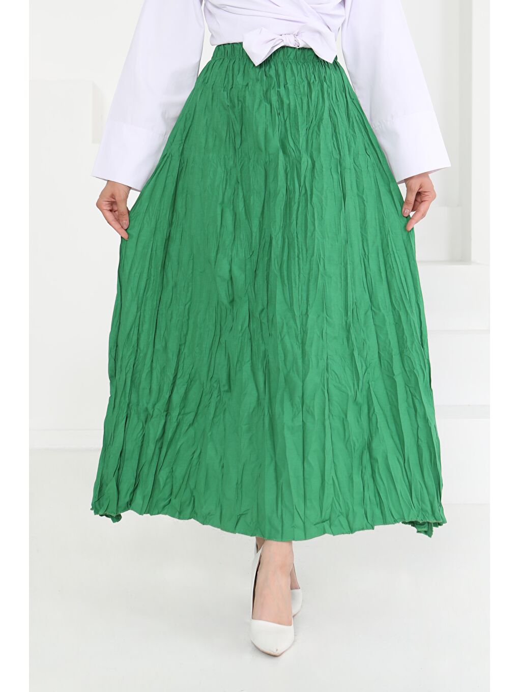 Yeşil Beli Lastikli Kırışık Etek Yesil - 27013-2