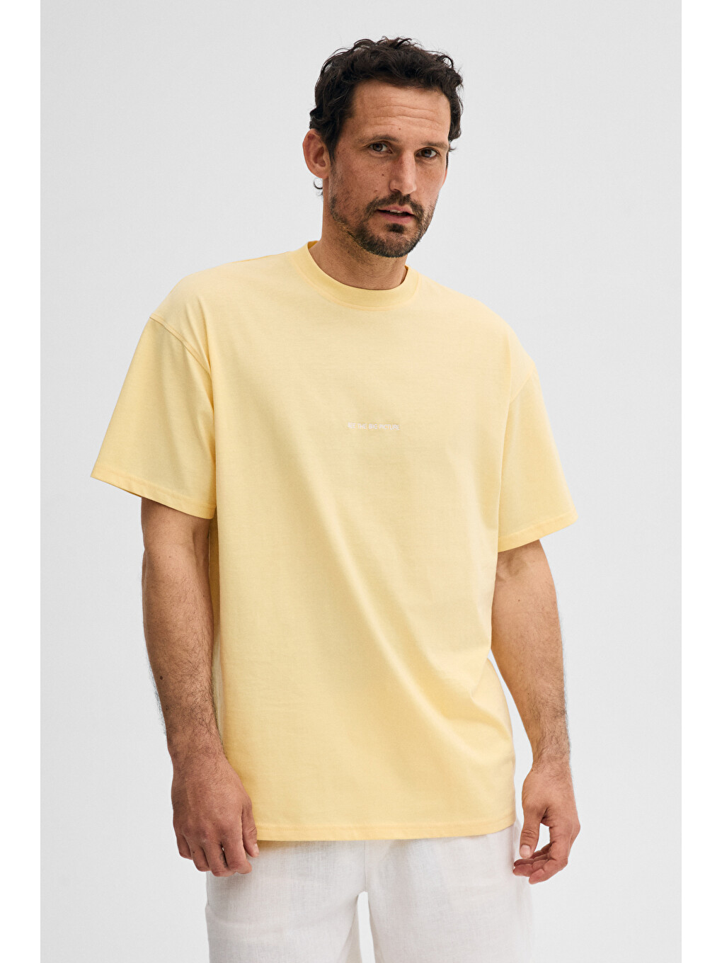 Sarı RIVER Erkek Oversize Fit Bol Kesim Nakış İşlemeli Basic Örme AÇIK SARI T-Shirt