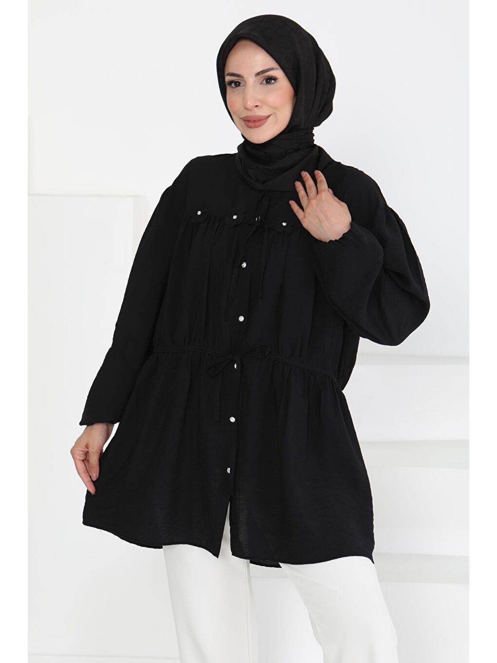 Çiçek İnci Detaylı Tunik Siyah - 27273-2