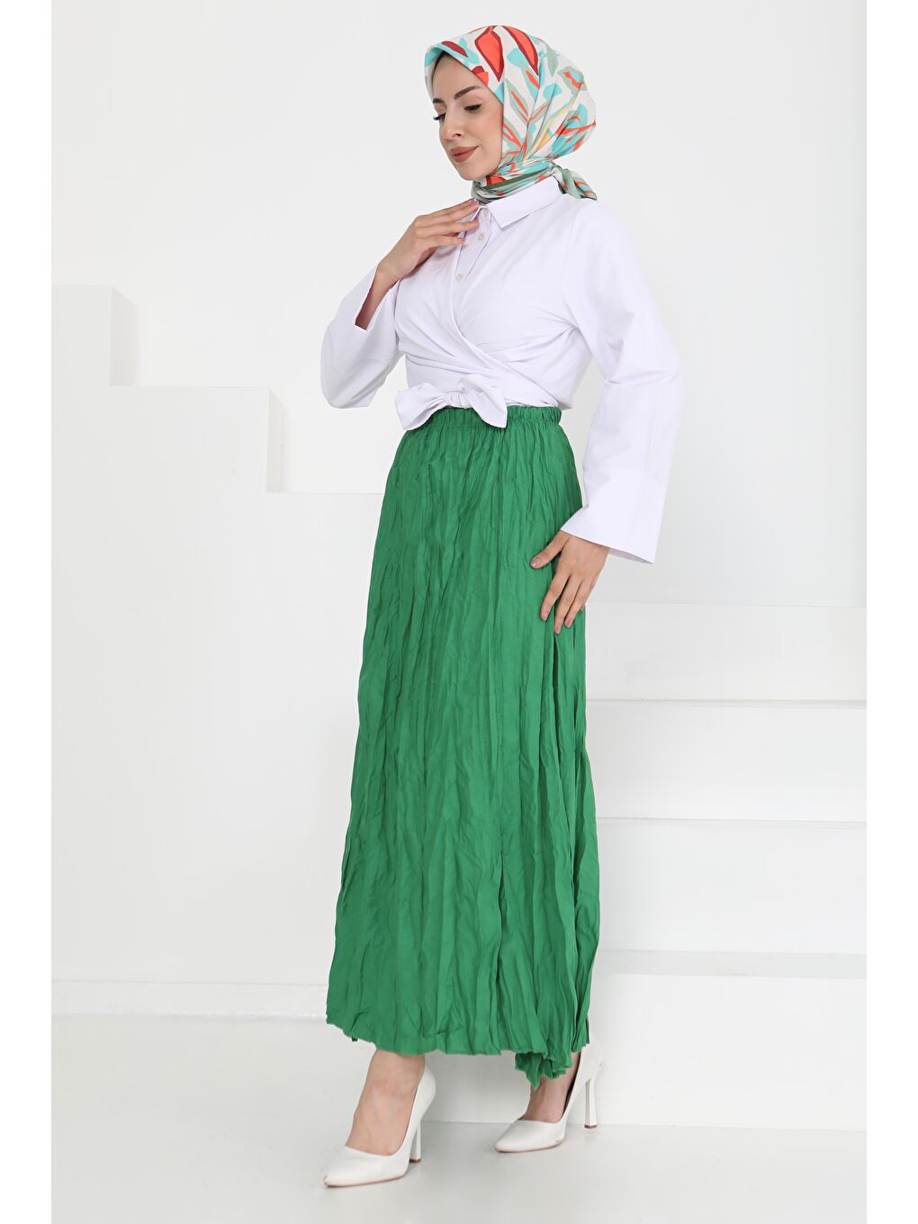 Yeşil Beli Lastikli Kırışık Etek Yesil - 27013-4