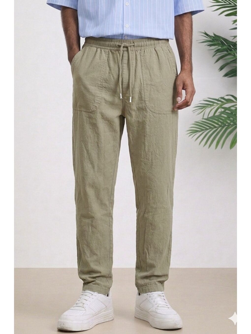 Bej Lacivert Renk Erkek Yazlık Keten Karışımı Relaxed Pantolon