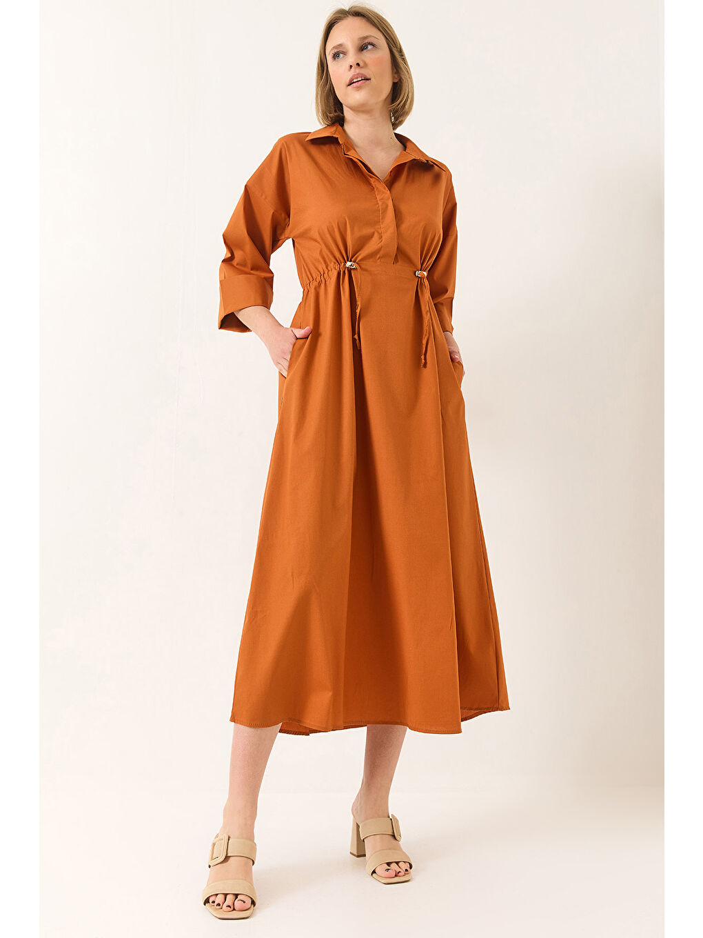 Turuncu Kadın Bel Ayarlamalı yarım Kollu Düğme Kapamalı Uzun Poplin Elbise