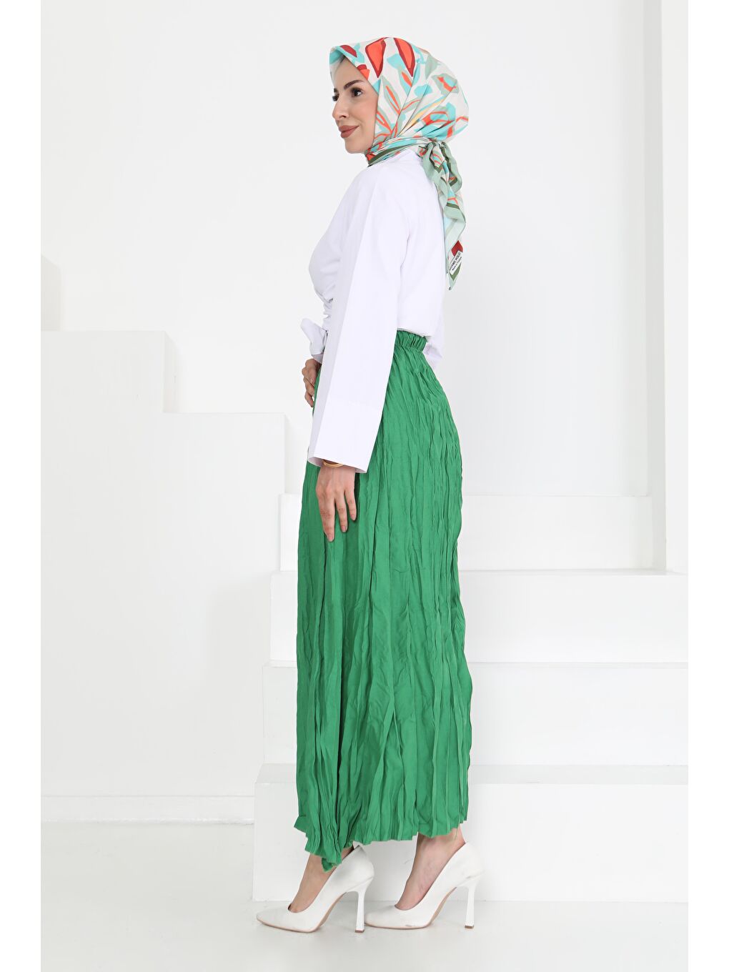 Yeşil Beli Lastikli Kırışık Etek Yesil - 27013-5