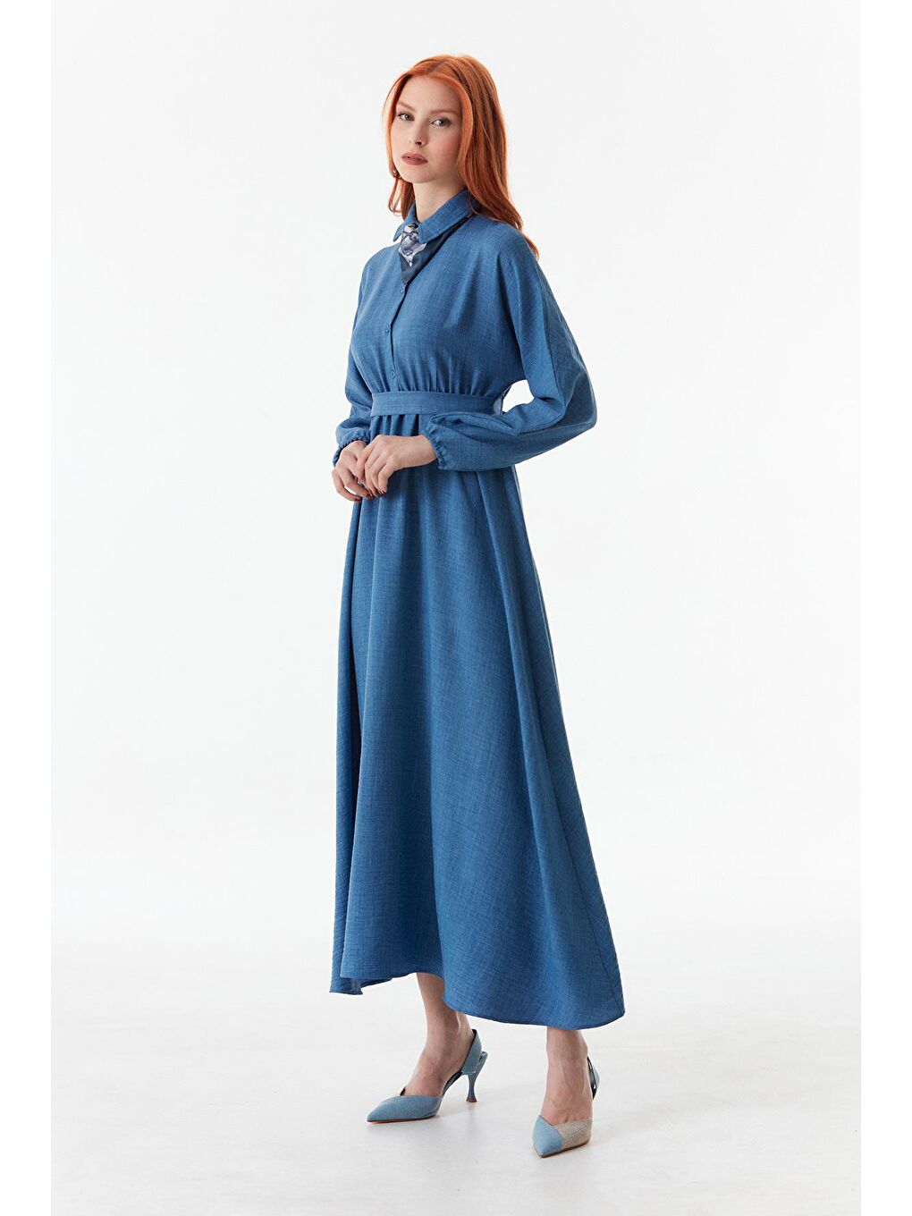 İndigo Kuşaklı Gömlek Yaka Elbise-3