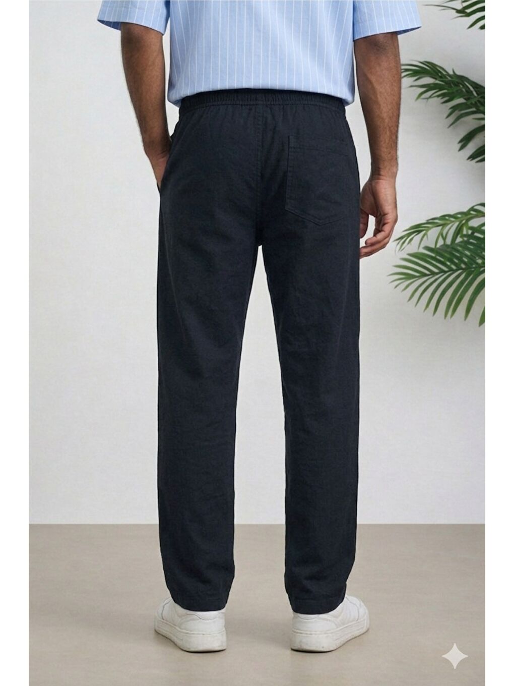 Siyah Lacivert Renk Erkek Yazlık Keten Karışımı Relaxed Pantolon-1