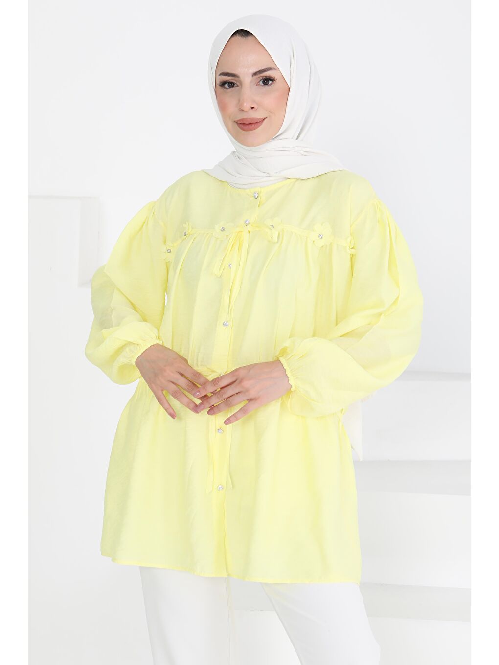 Sarı Çiçek İnci Detaylı Tunik Sari - 27273