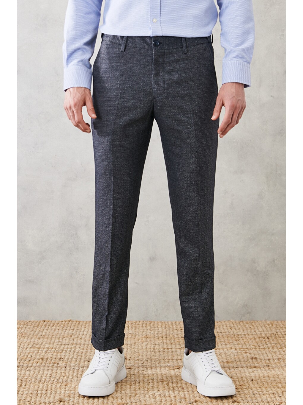 Erkek Lacivert Comfort Fit Yan Cep Beli Lastikli Desenli Klasik Pantolon-2