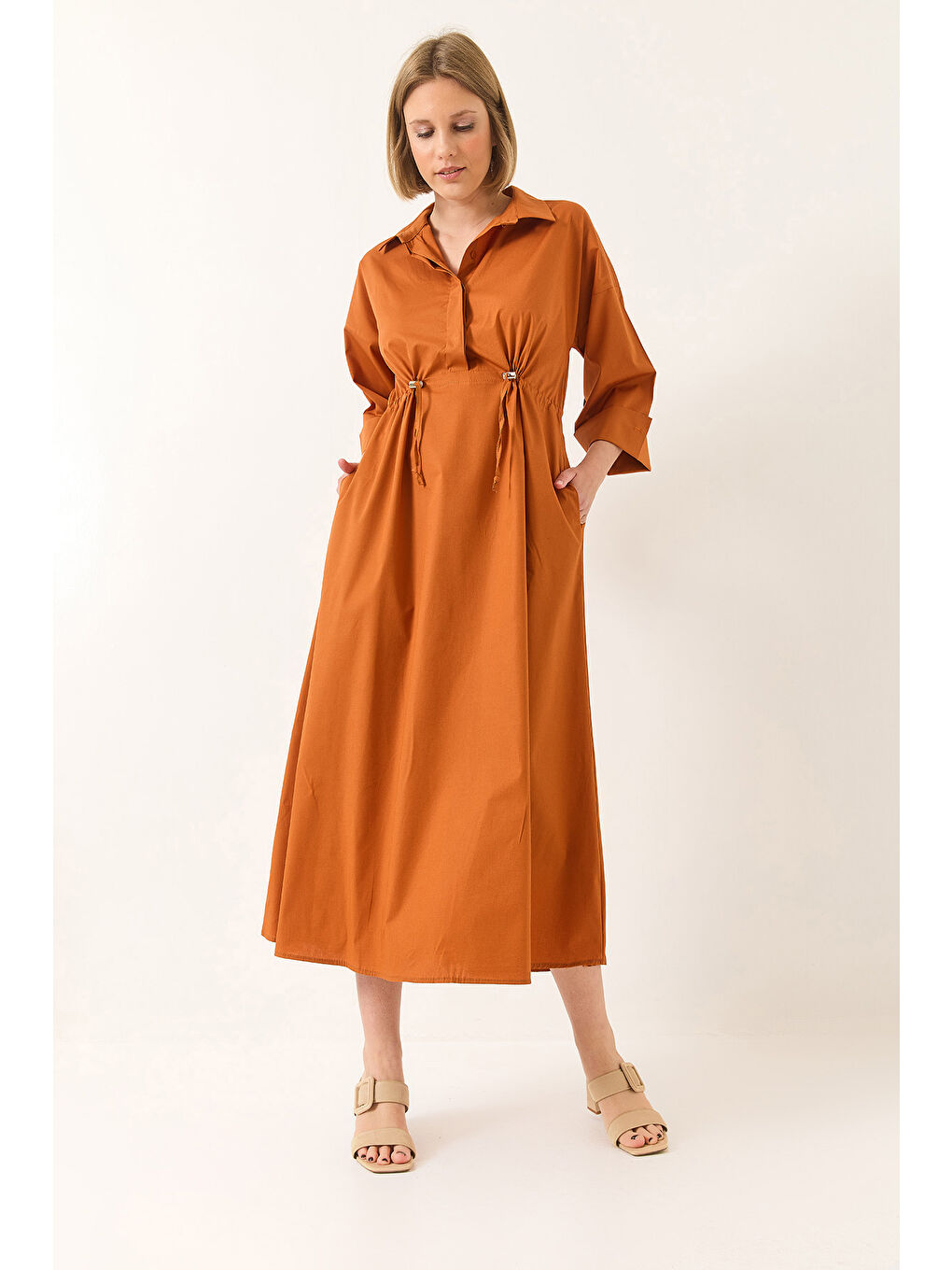 Turuncu Kadın Bel Ayarlamalı yarım Kollu Düğme Kapamalı Uzun Poplin Elbise-2