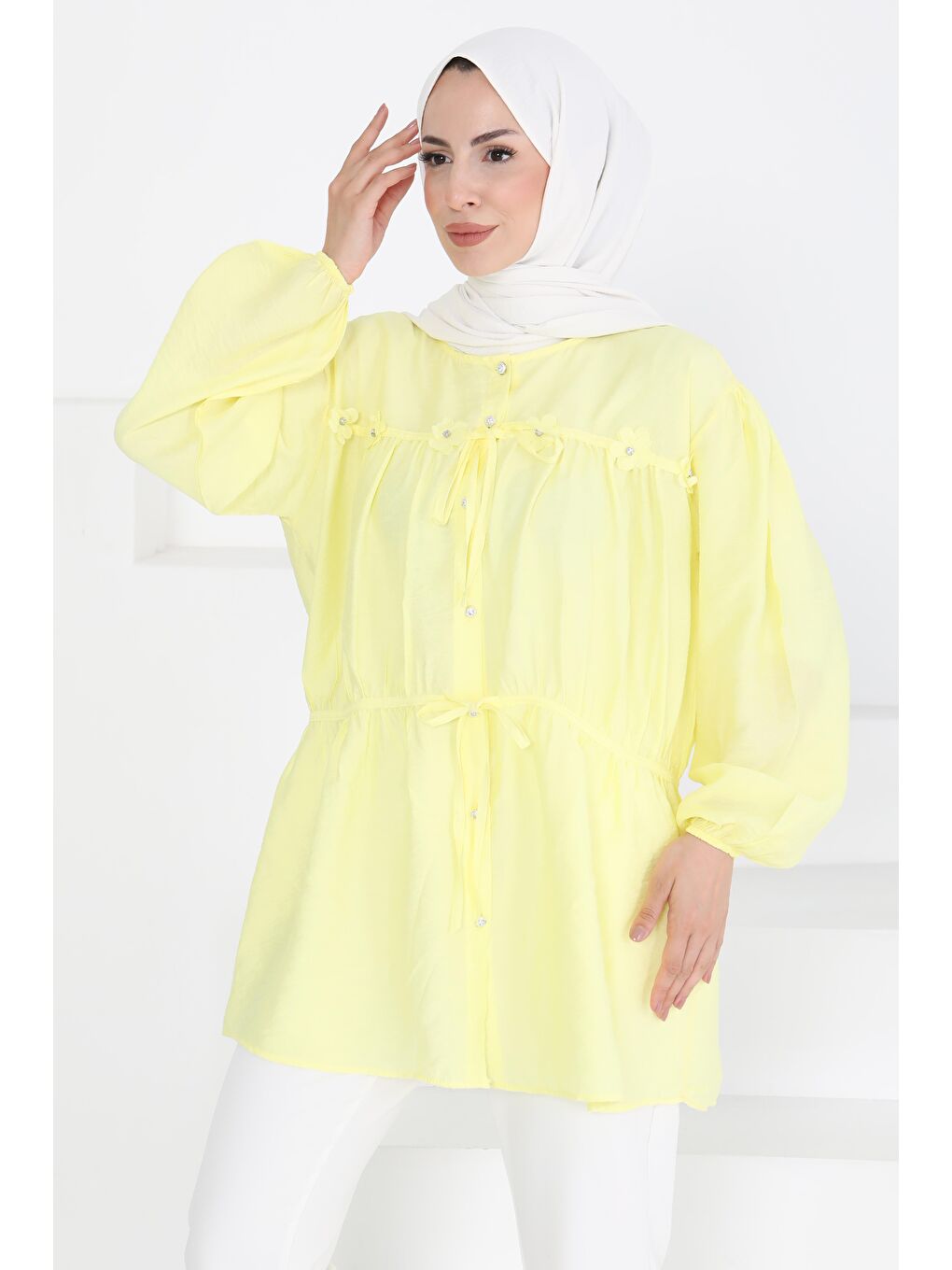 Sarı Çiçek İnci Detaylı Tunik Sari - 27273-1