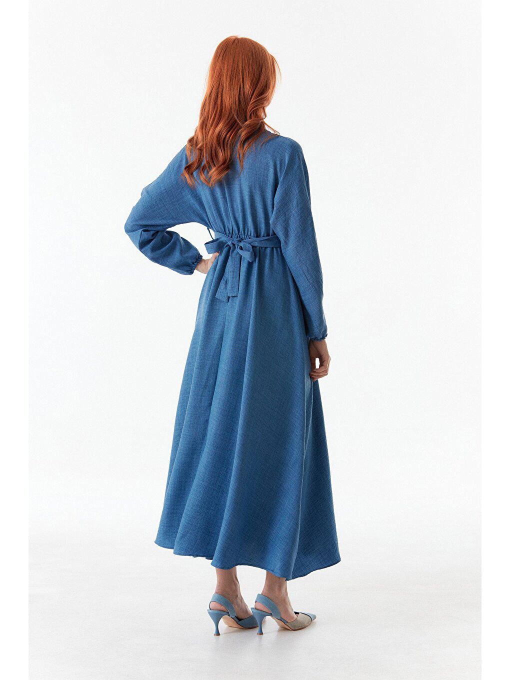İndigo Kuşaklı Gömlek Yaka Elbise-4