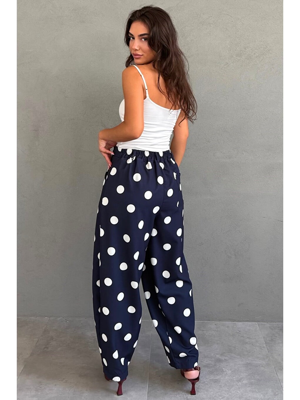 Lacivert Puantiyeli Beli Lastikli Balon Kadın Pantolon Mg2886-2