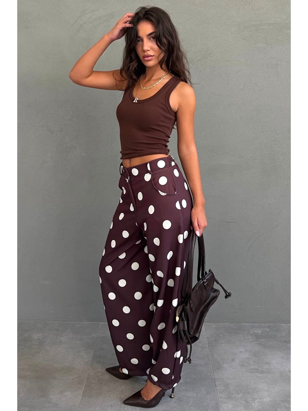 Kahverengi Puantiyeli Beli Lastikli Balon Kadın Pantolon Mg2886-4