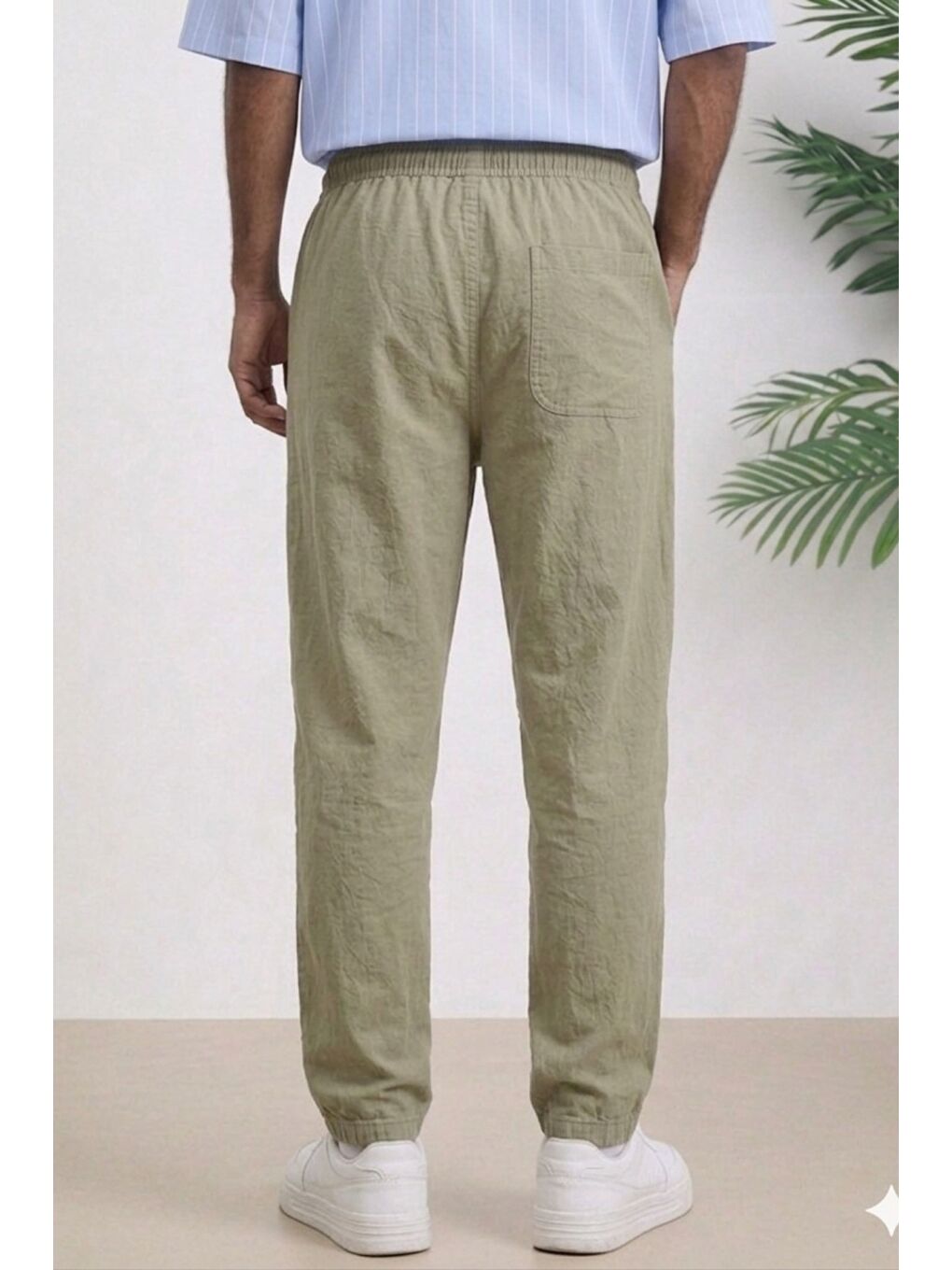 Bej Lacivert Renk Erkek Yazlık Keten Karışımı Relaxed Pantolon-1