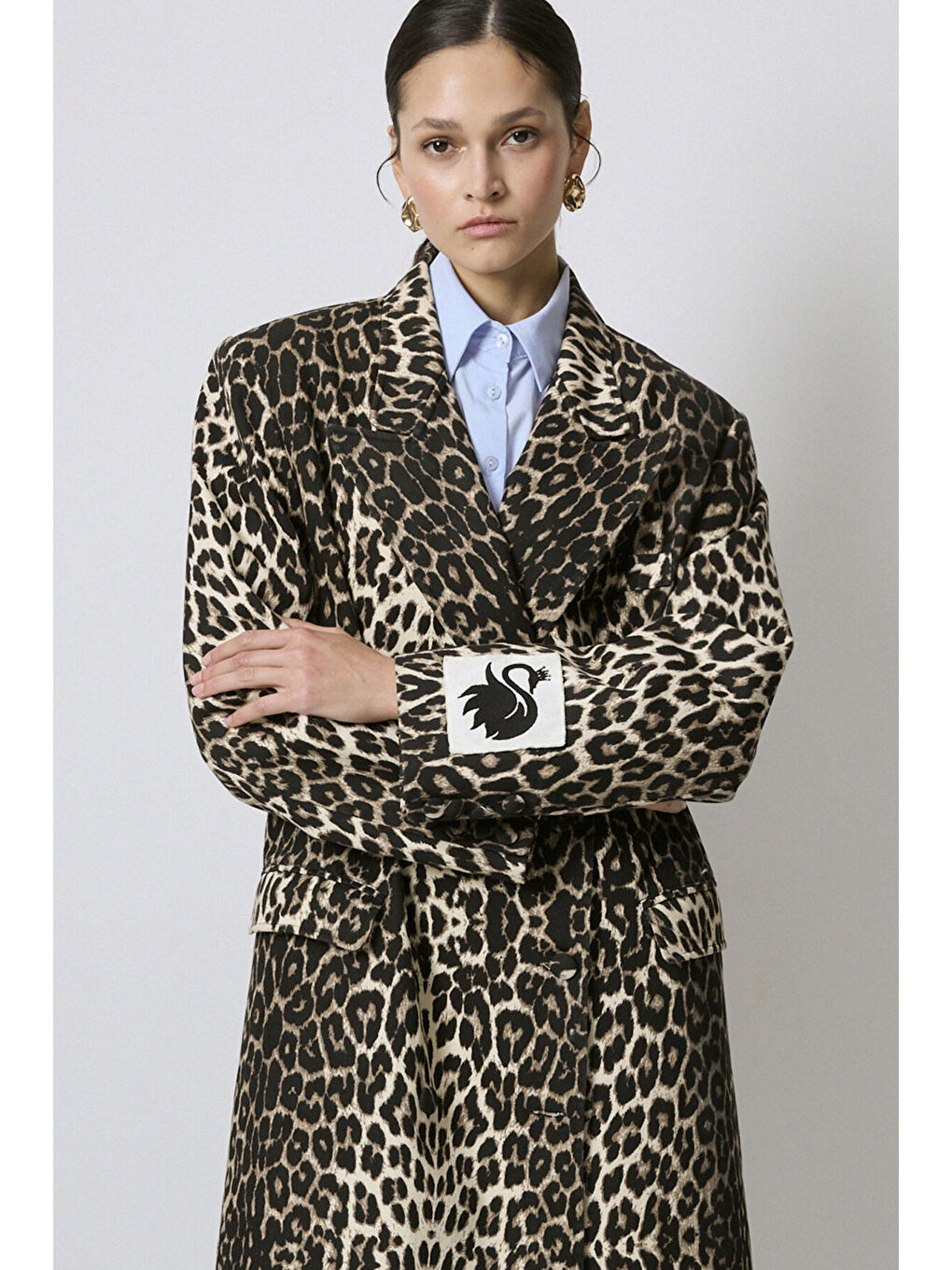 Siyah Leopar Desenli Uzun Ceket-6