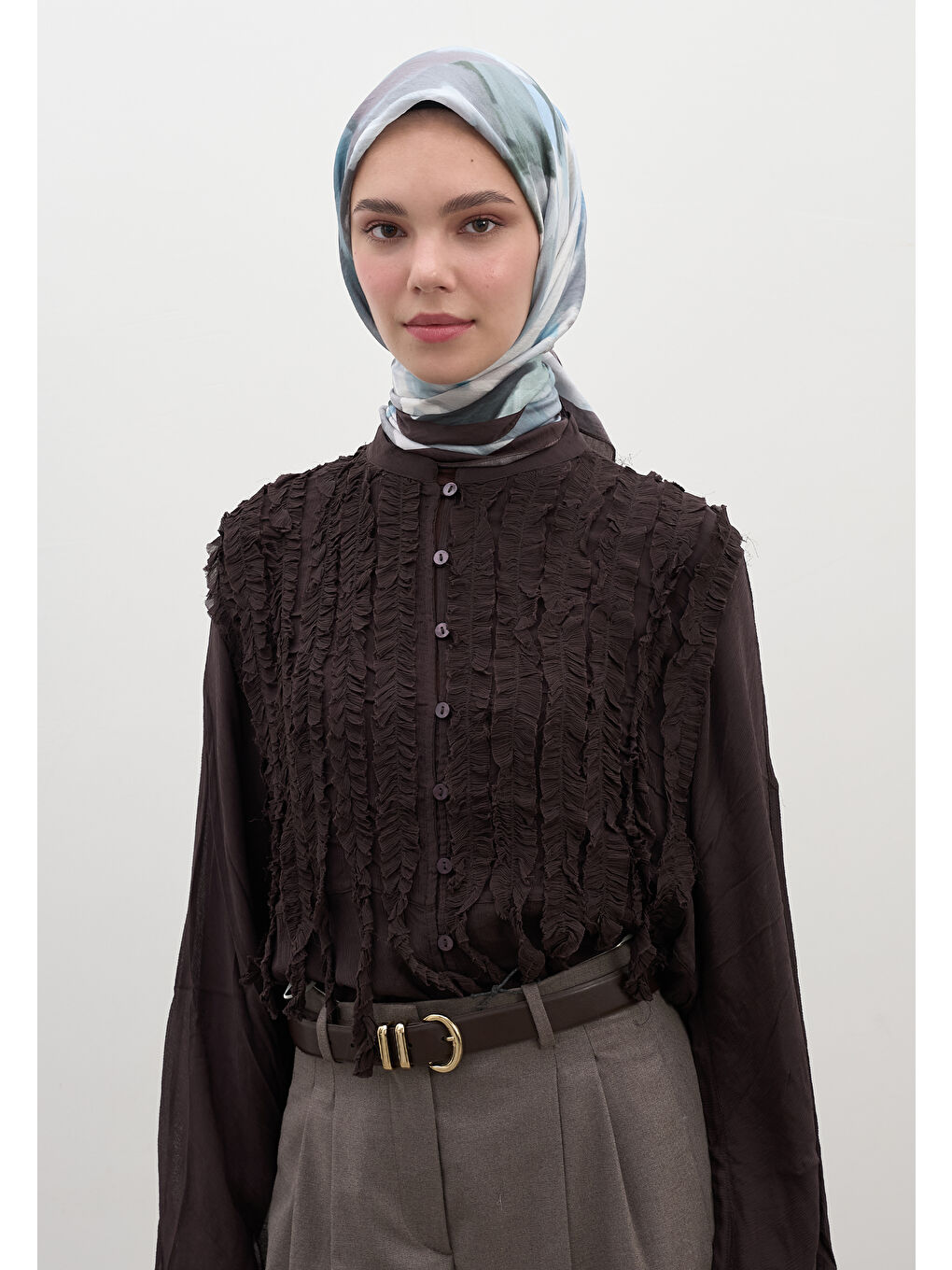 Gardenıa Desen Pamuklu Viskon Eşarp Mavi-1