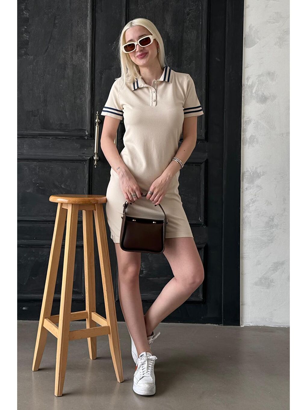 Bej Polo Yaka Şerit Detaylı Kadın Elbise Mg2344-3