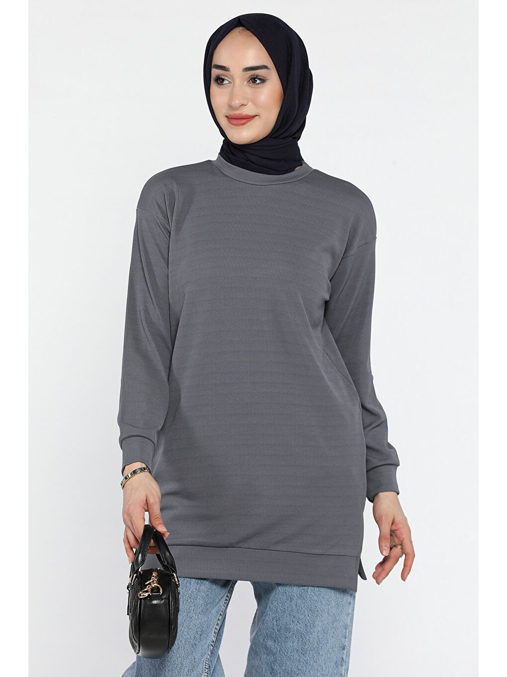 Gri Kadın Bisiklet Yaka Kendinden Çizgi Desenli Tesettür Tunik-3