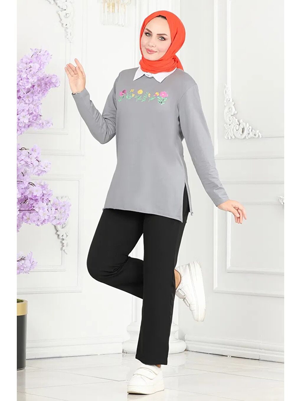 Kadın Bisiklet Yaka Çiçek Baskılı Tunik Gri - 27197-2