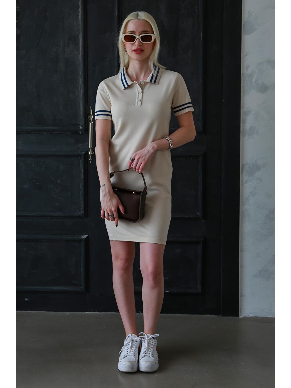 Bej Polo Yaka Şerit Detaylı Kadın Elbise Mg2344-4
