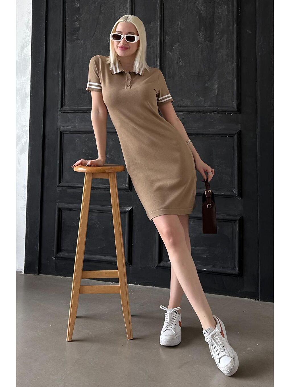 Kahverengi Polo Yaka Şerit Detaylı Kadın Elbise Mg2344-1