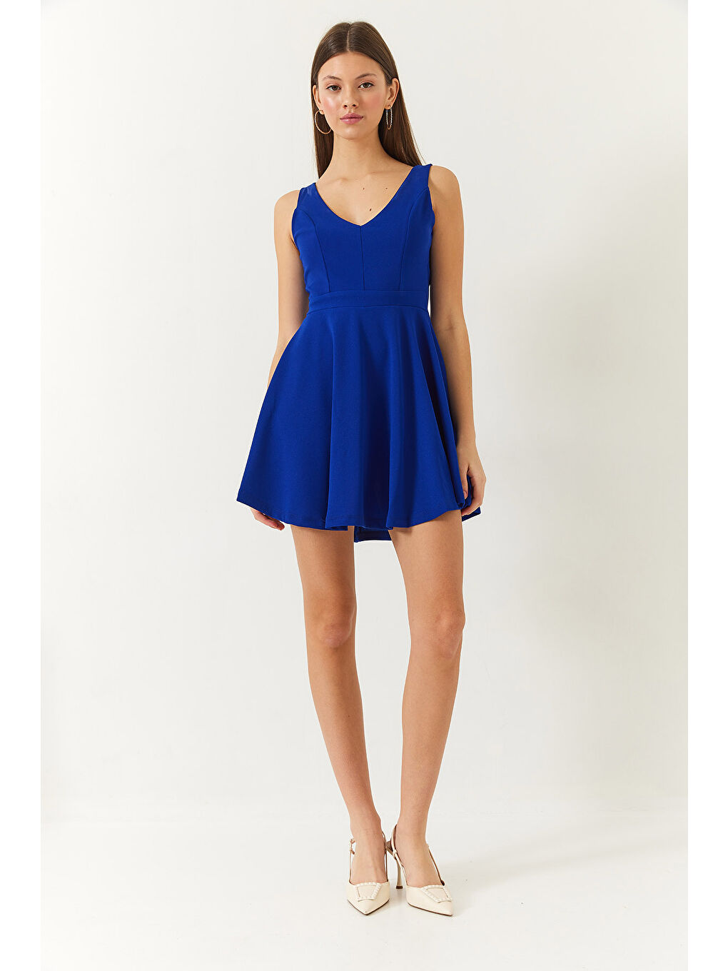 Mavi Kadın V Yaka Sırt Dekolteli Mini Elbise