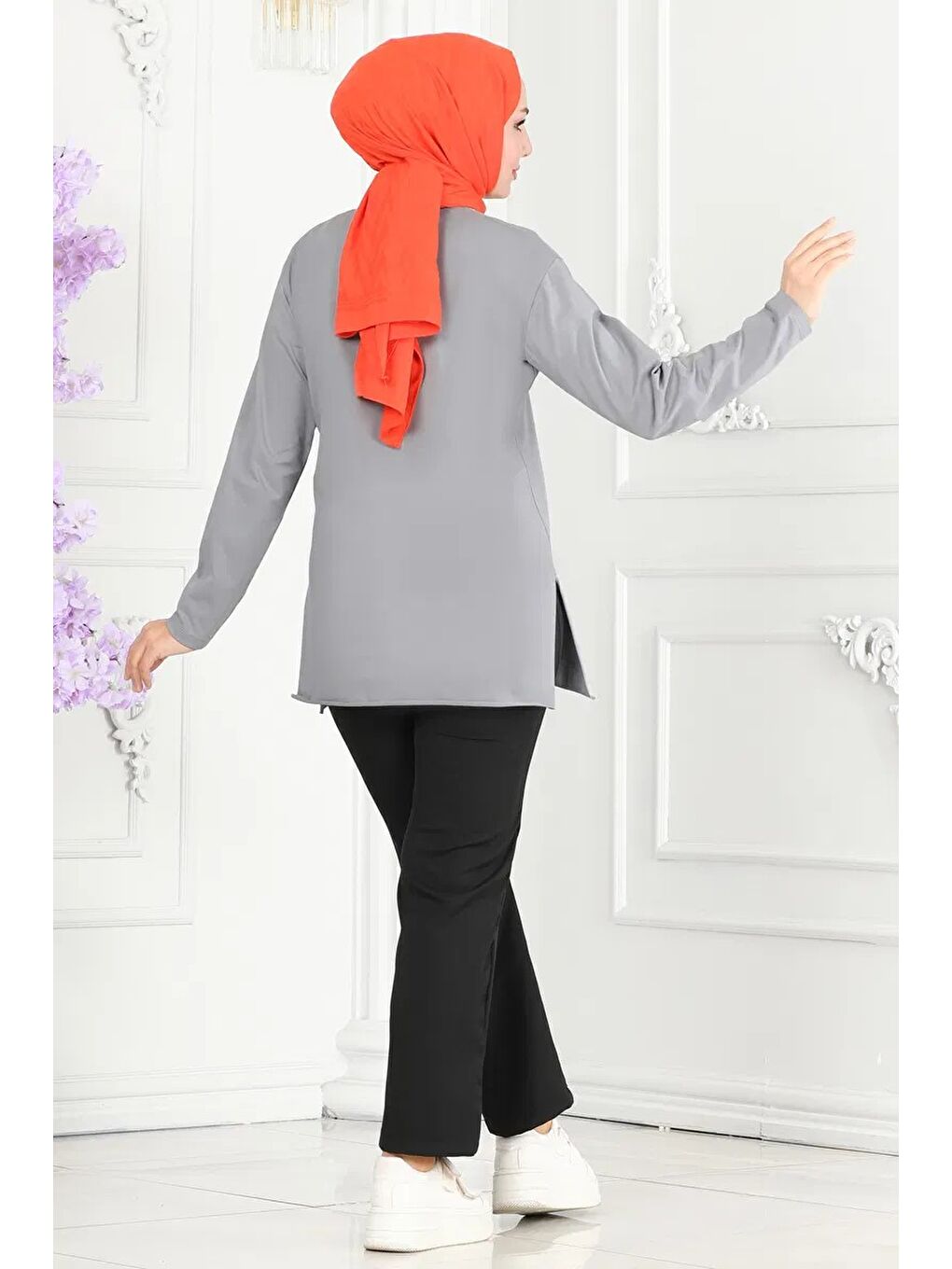 Kadın Bisiklet Yaka Çiçek Baskılı Tunik Gri - 27197-3