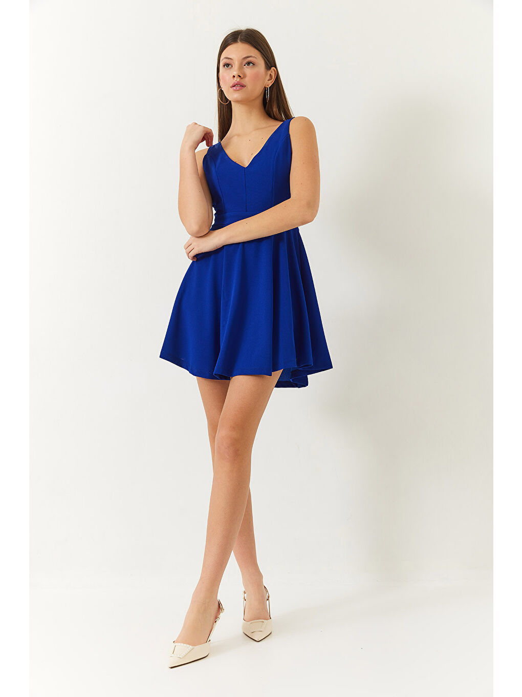 Mavi Kadın V Yaka Sırt Dekolteli Mini Elbise-3