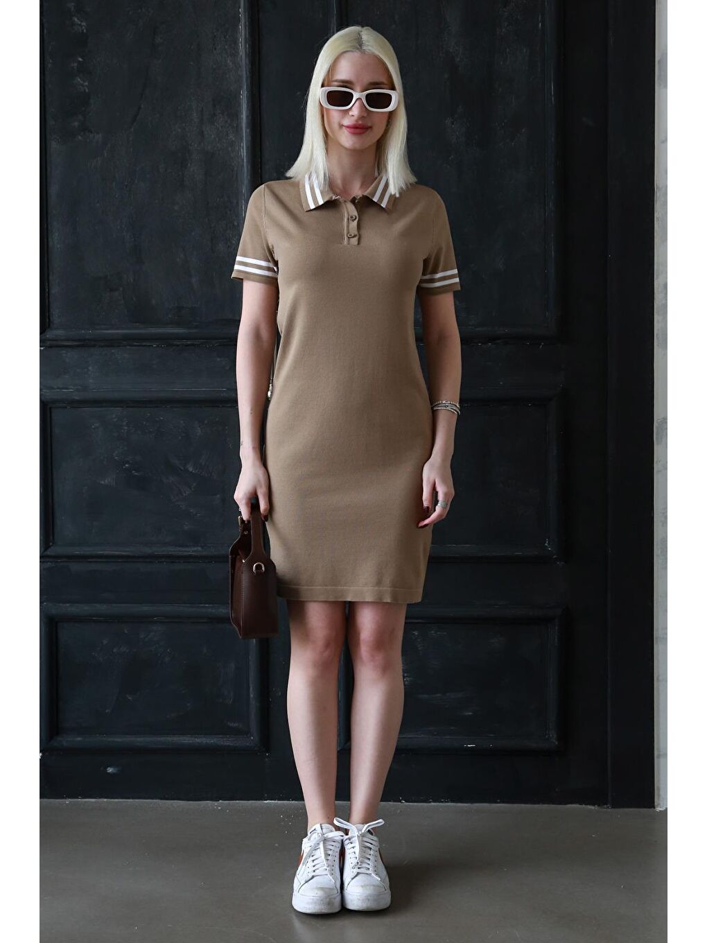 Kahverengi Polo Yaka Şerit Detaylı Kadın Elbise Mg2344-2