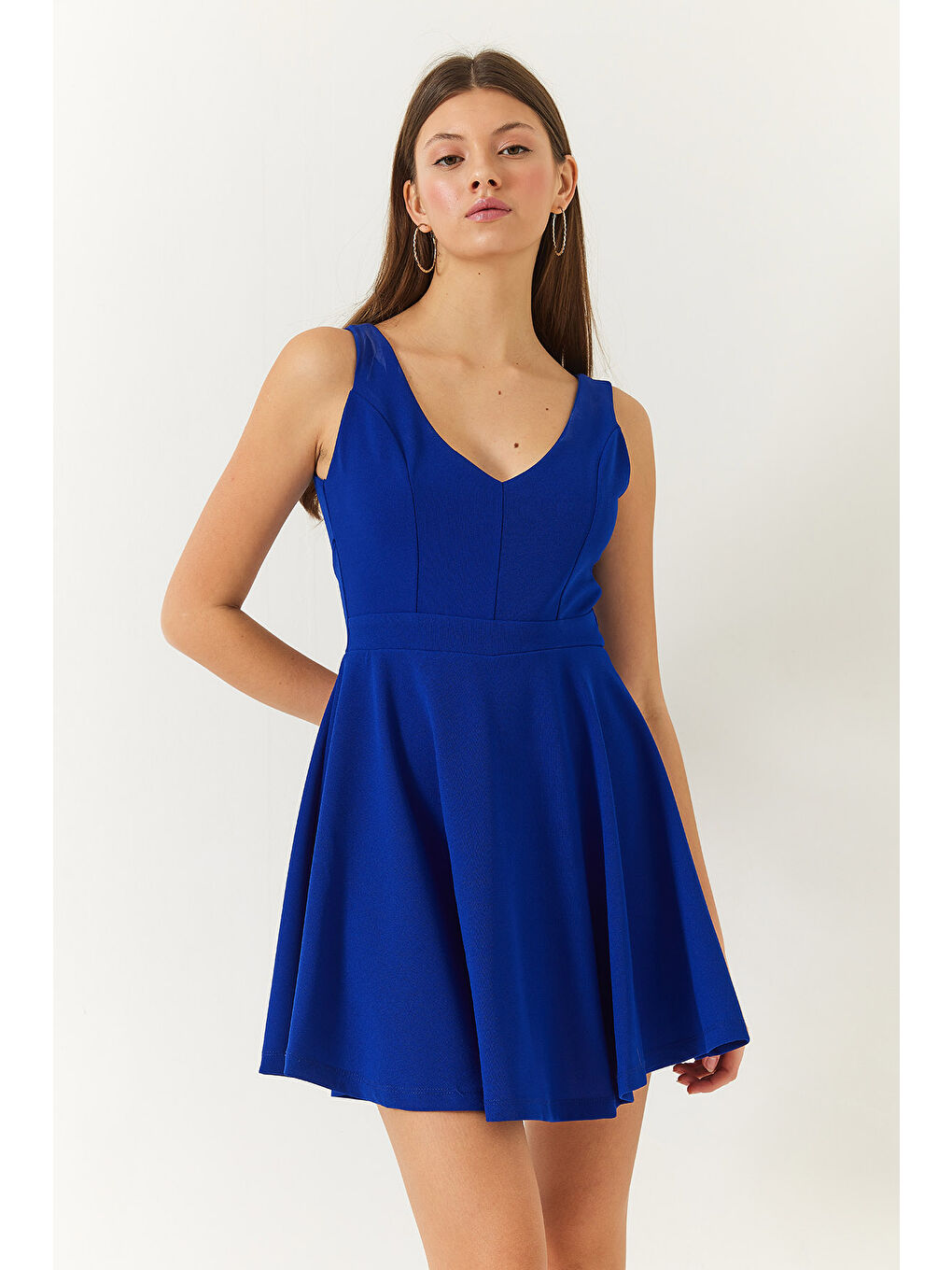 Mavi Kadın V Yaka Sırt Dekolteli Mini Elbise-4