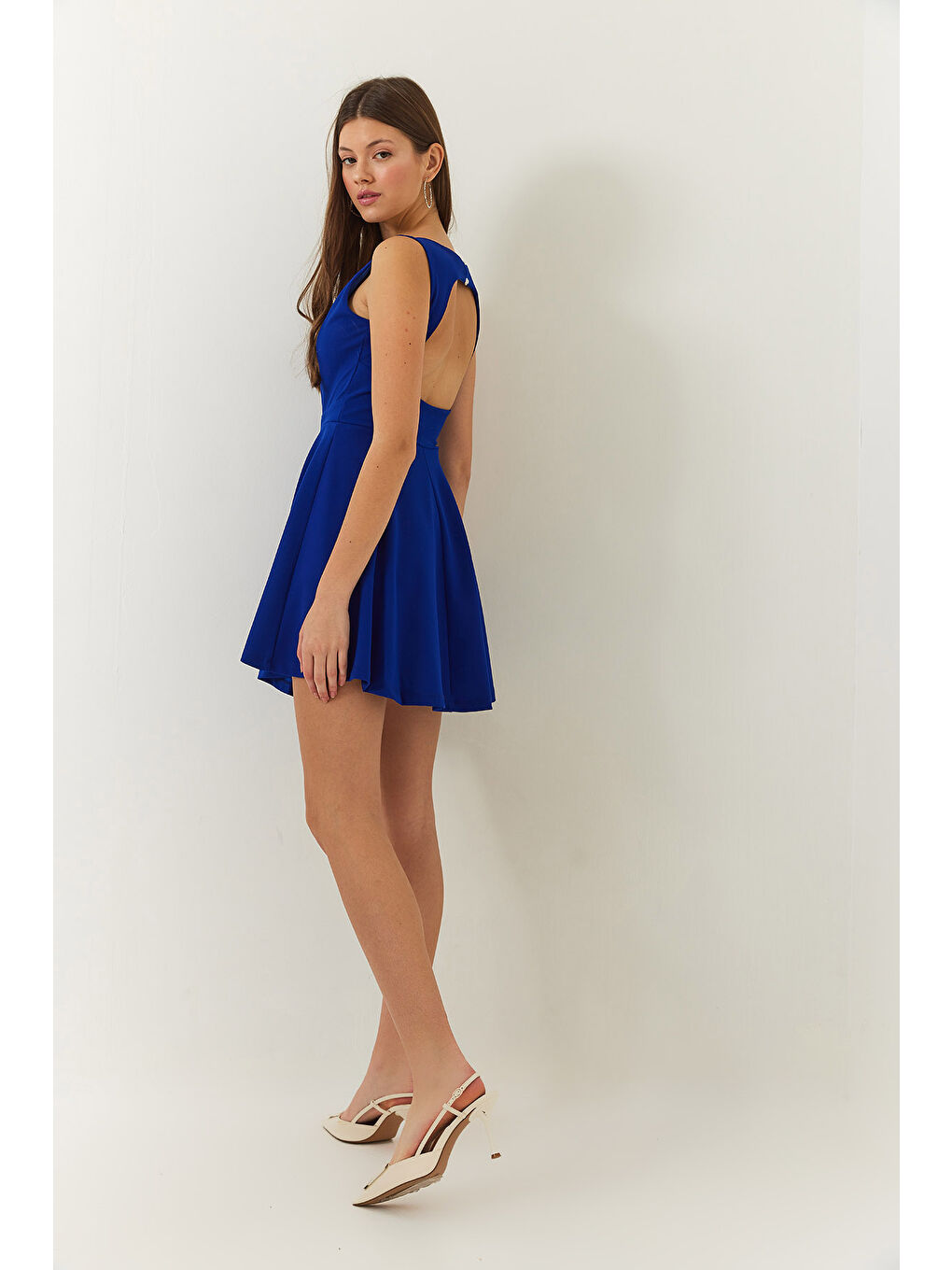 Mavi Kadın V Yaka Sırt Dekolteli Mini Elbise-6