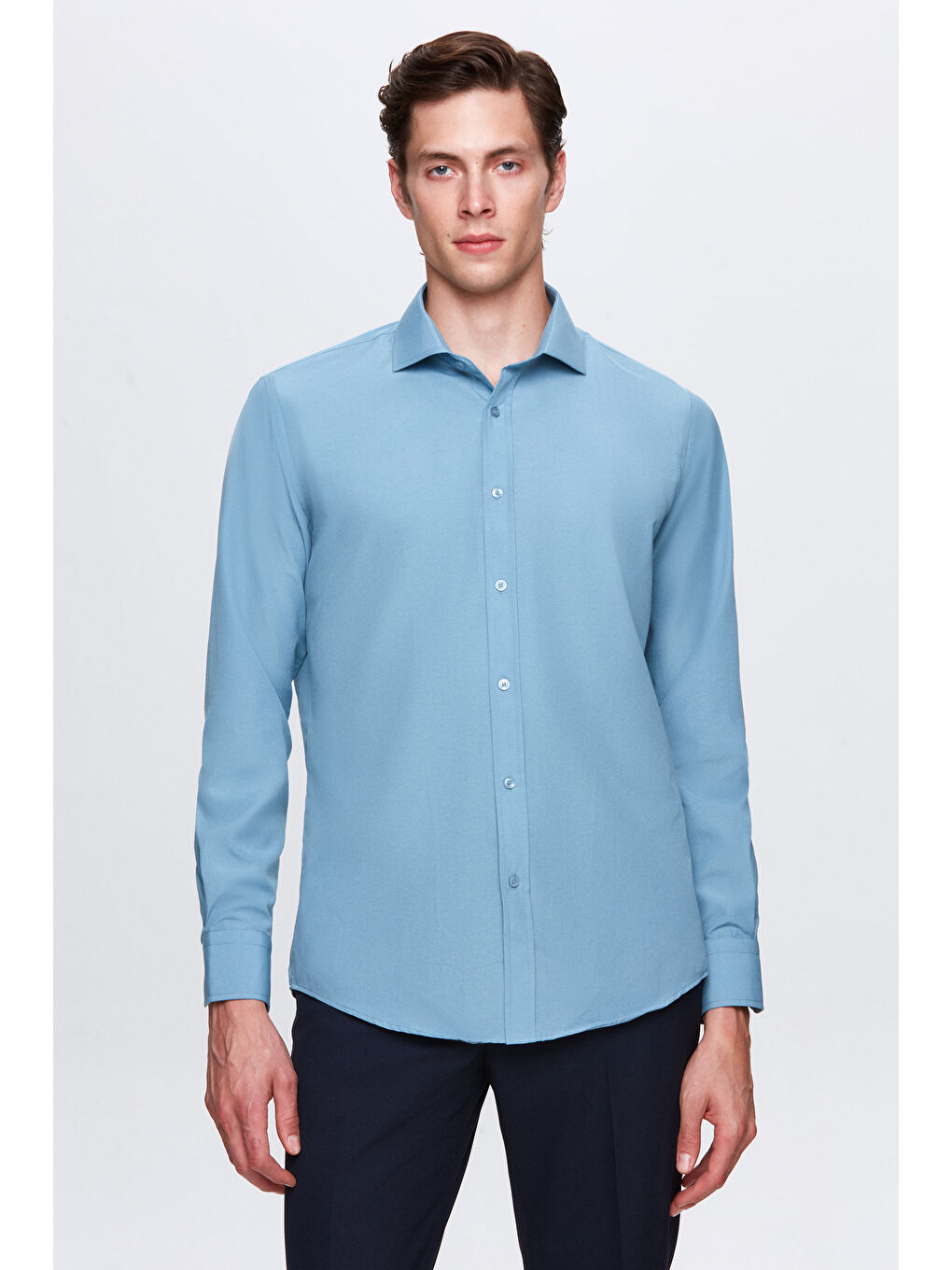 Slim Fit Petrol İtalyan Yaka Dar Kesim Klasik Kravatlık Uzun Kol Kolay Ütülenebilir Gömlek