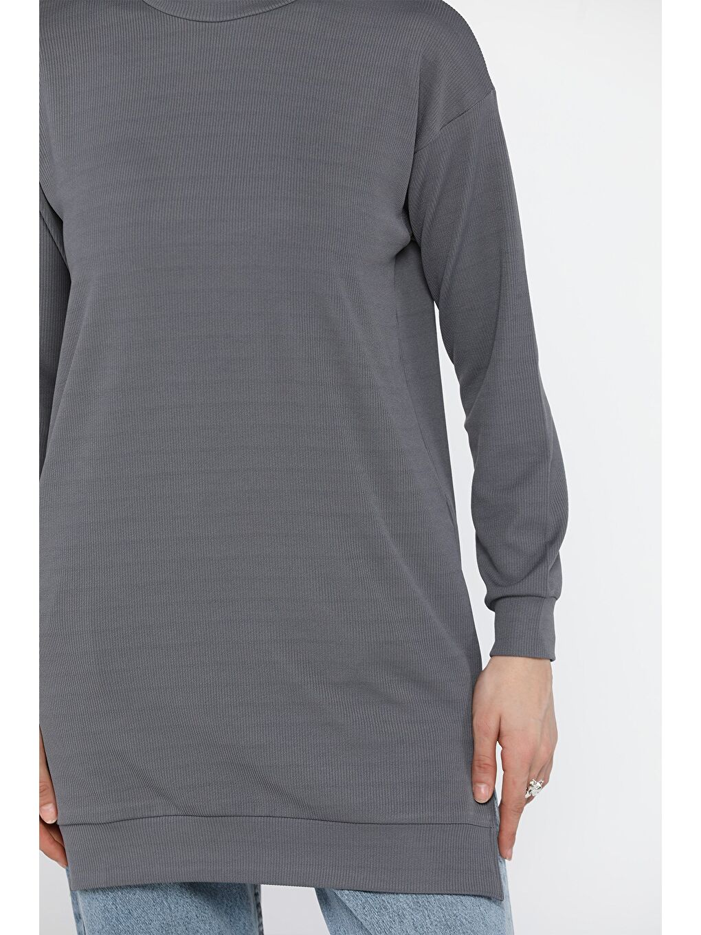 Gri Kadın Bisiklet Yaka Kendinden Çizgi Desenli Tesettür Tunik-7